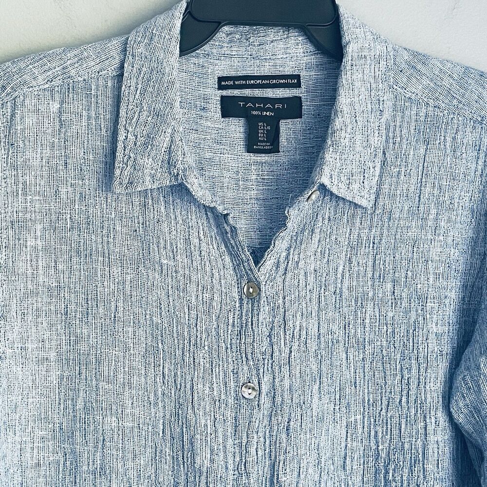 Tahari European Flax 100% Linen Shirt Women's L Blue Woven Textured Button Up - Picture 5 of 13